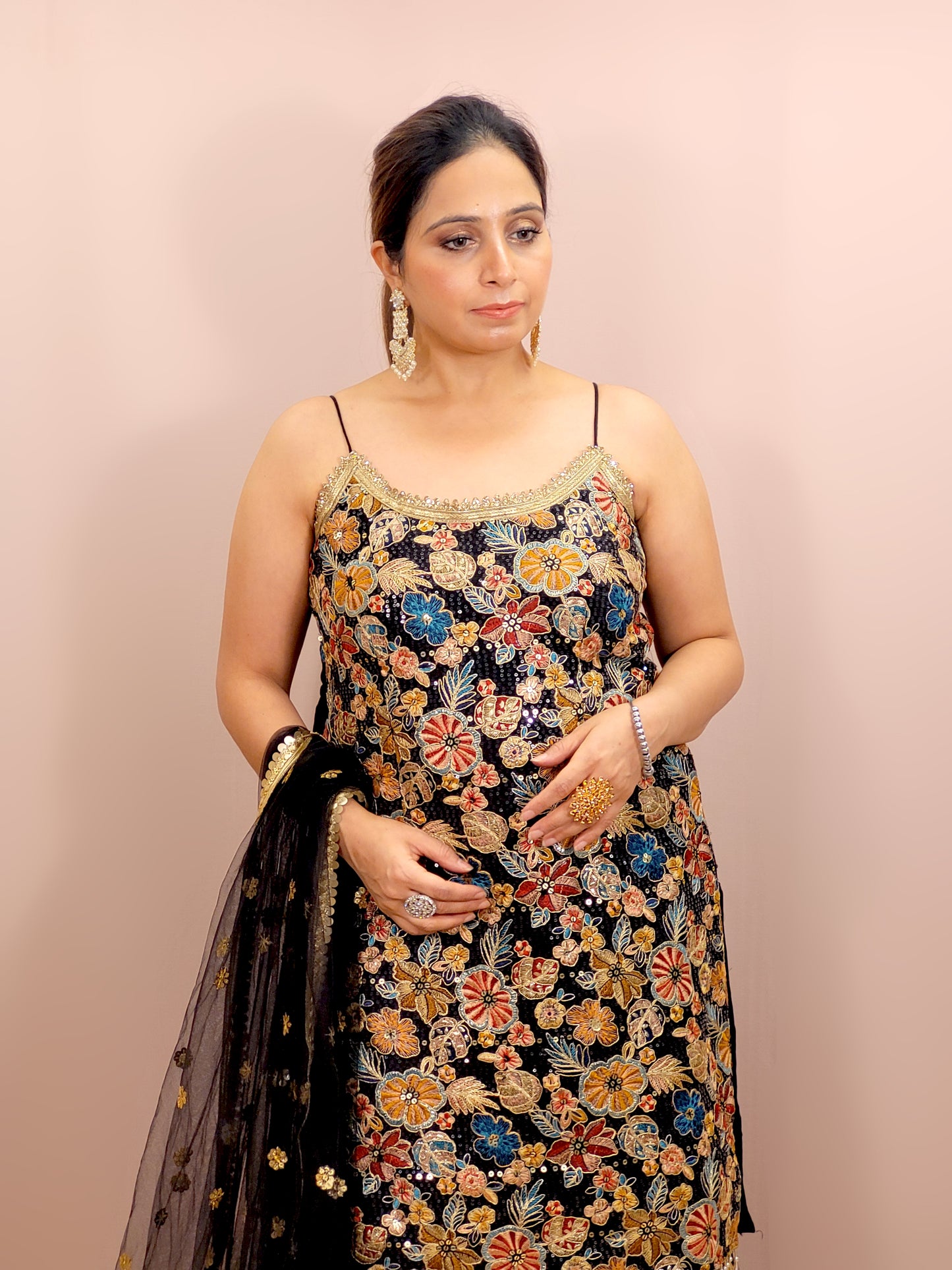 Black Sharara Suit, crafted from luxurious chinnon fabric that offers a beautiful sheen and soft drape. This ensemble is perfect for festive occasions, weddings, and celebratory events, ensuring you stand out with grace and style.