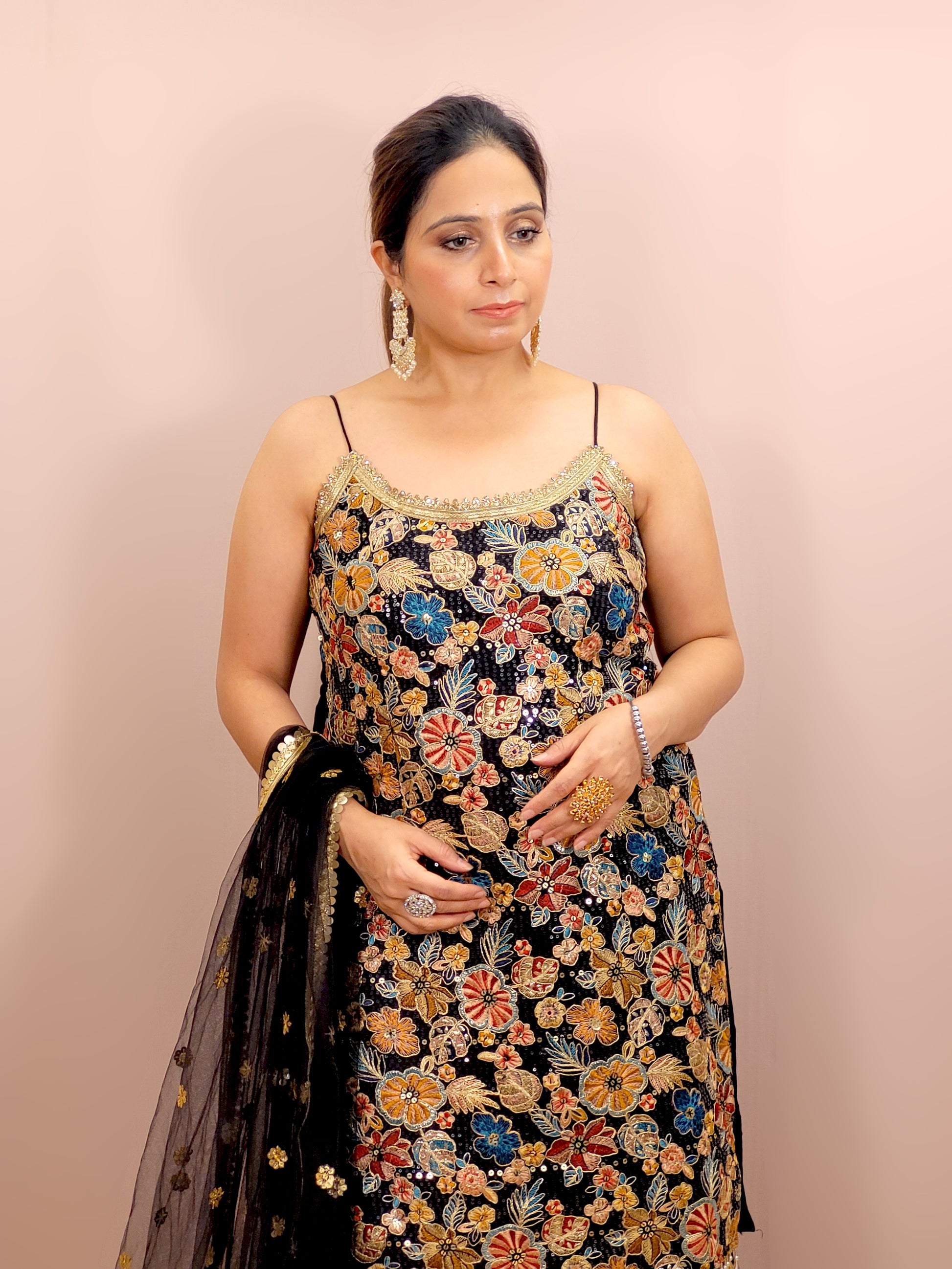 Black Sharara Suit, crafted from luxurious chinnon fabric that offers a beautiful sheen and soft drape. This ensemble is perfect for festive occasions, weddings, and celebratory events, ensuring you stand out with grace and style.