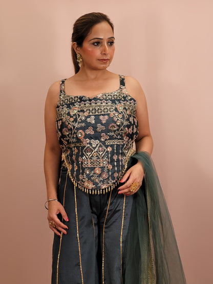Elevate your ethnic wardrobe with this exquisite Cadet Blue Indo-Western Palazzo Dress. This stunning ensemble is perfect for any fashion-forward woman looking to make an impression at weddings, parties, or festive occasions.
