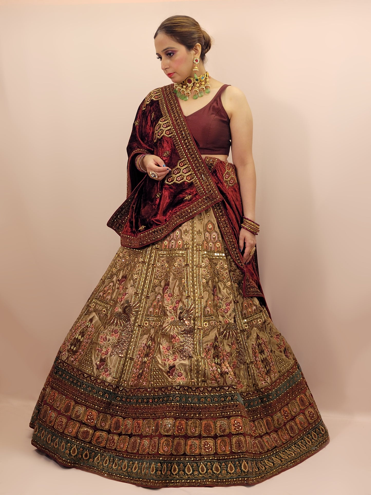 Golden Velvet Heavy Flare Lehanga with Double Dupatta