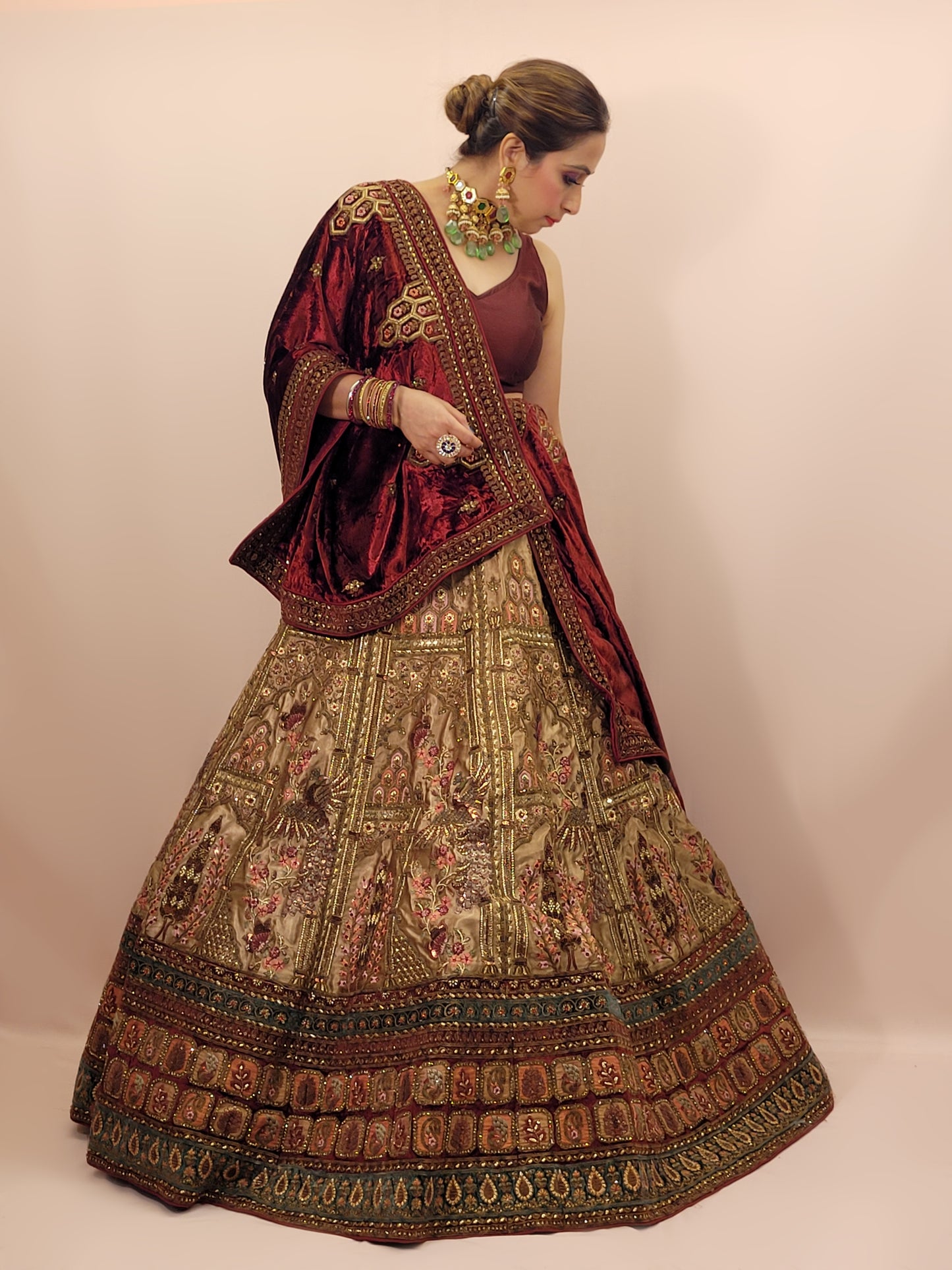 Golden Velvet Heavy Flare Lehanga with Double Dupatta
