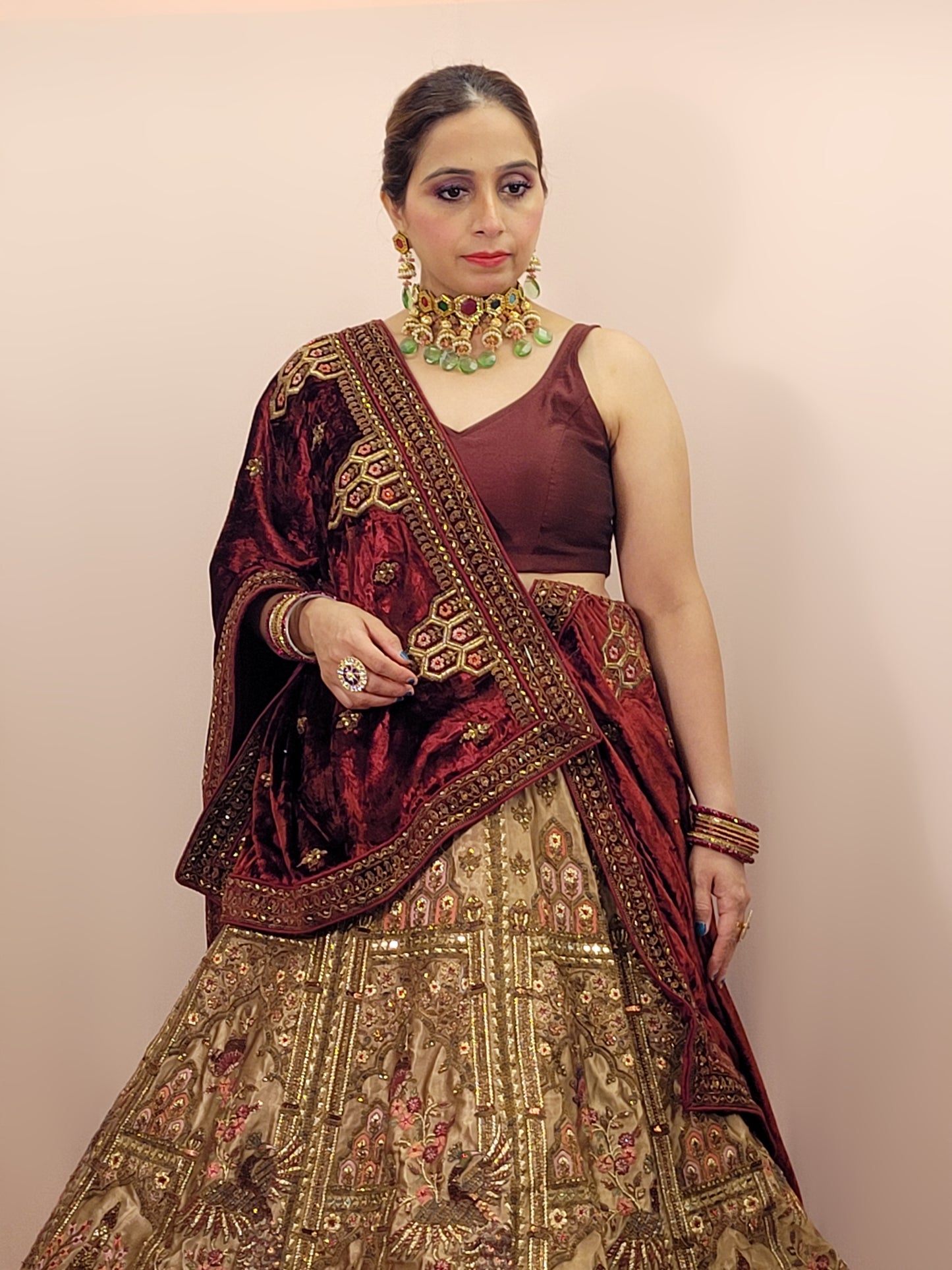 Golden Velvet Heavy Flare Lehanga with Double Dupatta