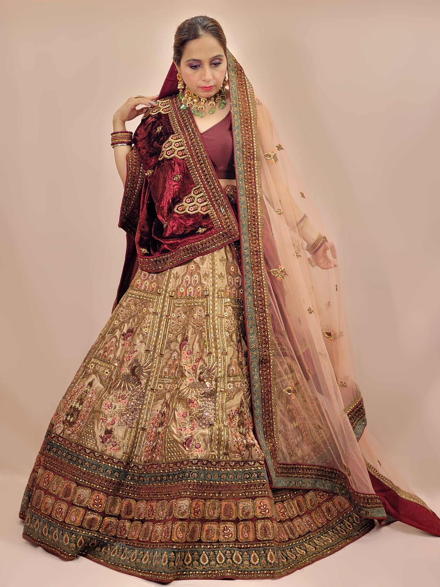 Golden Velvet Heavy Flare Lehanga with Double Dupatta