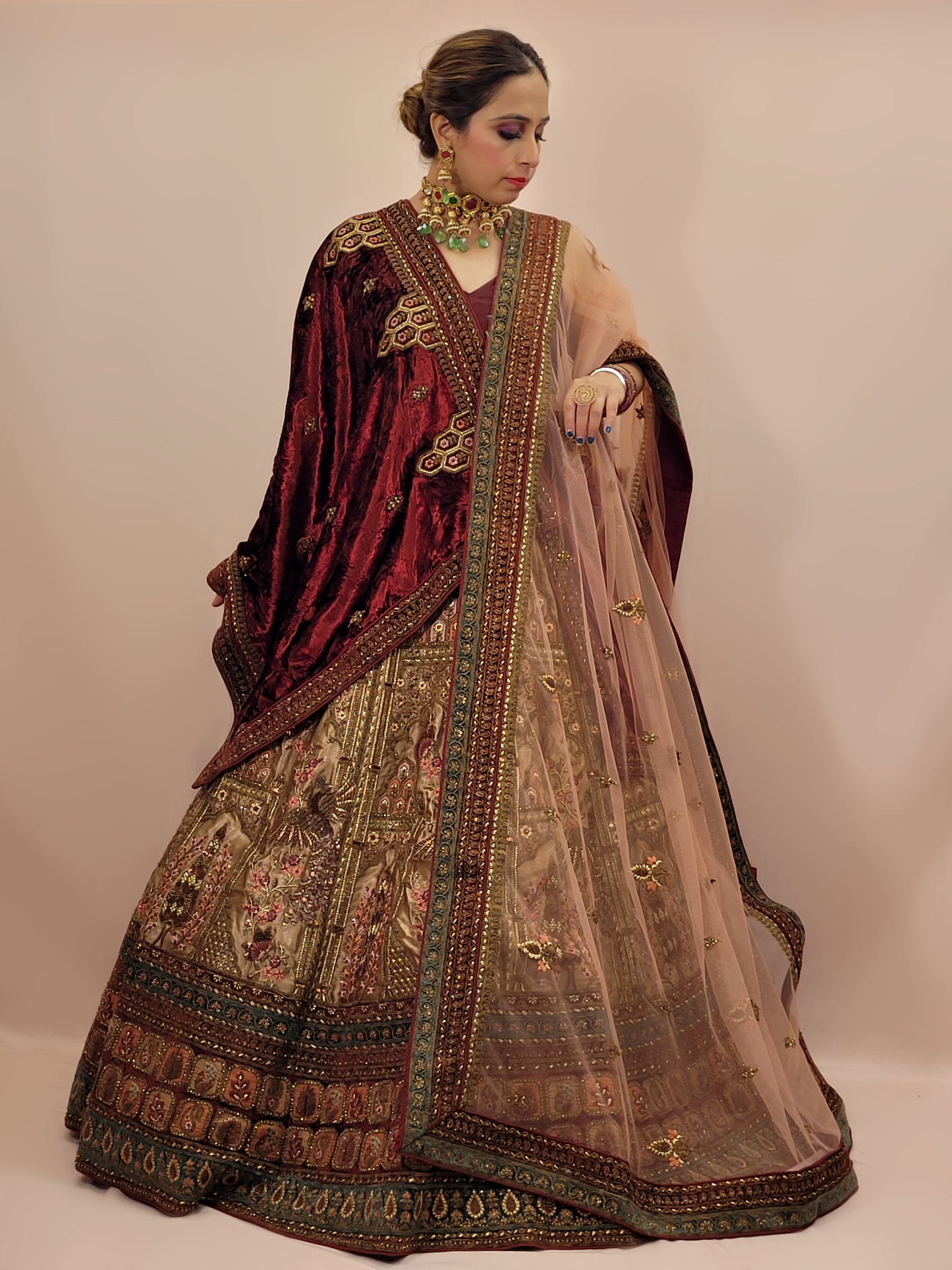 Golden Velvet Heavy Flare Lehanga with Double Dupatta