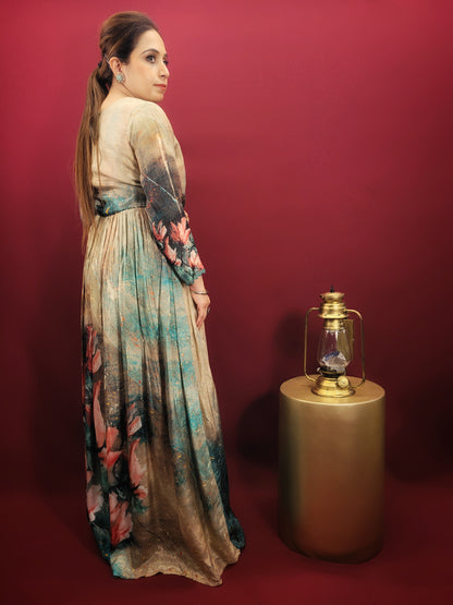 A captivating digital print in a kaleidoscope of colors turns heads wherever you go. The muslin fabric drapes beautifully, ensuring a comfortable and flattering fit. The fusion silhouette offers a unique twist on traditional Indian gowns, making it perfect for the fashion-forward woman.
