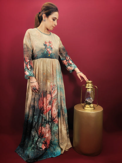 A captivating digital print in a kaleidoscope of colors turns heads wherever you go. The muslin fabric drapes beautifully, ensuring a comfortable and flattering fit. The fusion silhouette offers a unique twist on traditional Indian gowns, making it perfect for the fashion-forward woman.