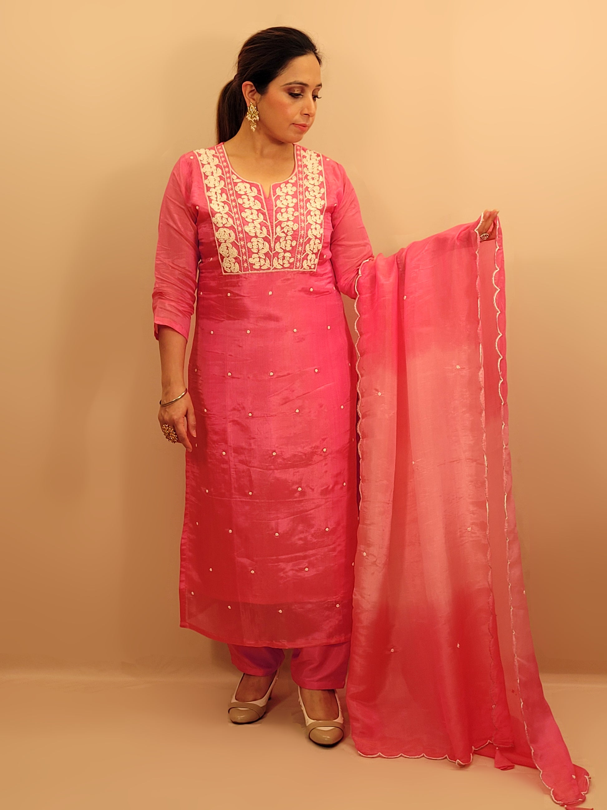 Pink Tissue Straight Suit with Pant and Dupatta. Resham and Beads Work.