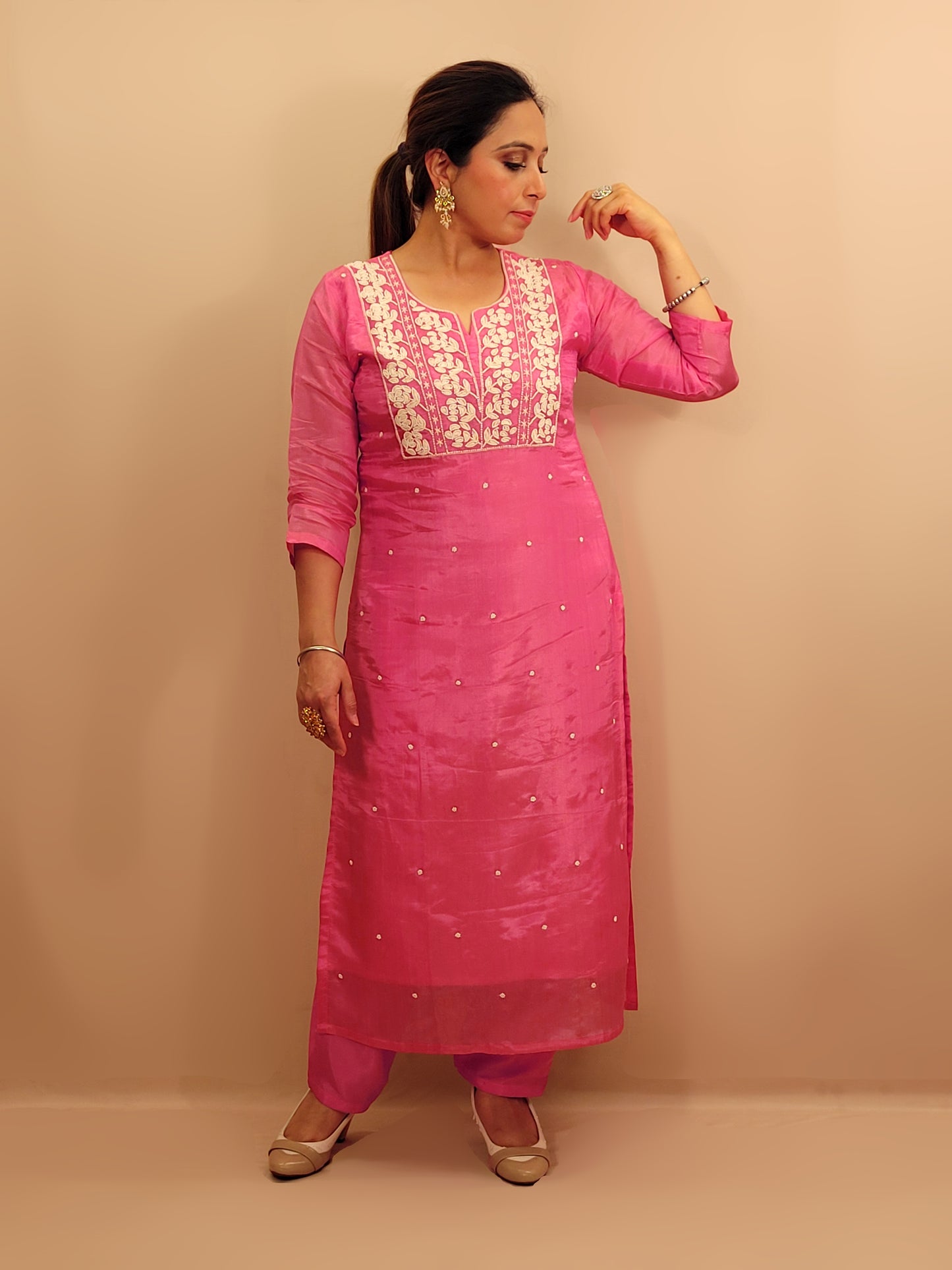 Pink Tissue Straight Suit with Pant and Dupatta. Resham and Beads Work.