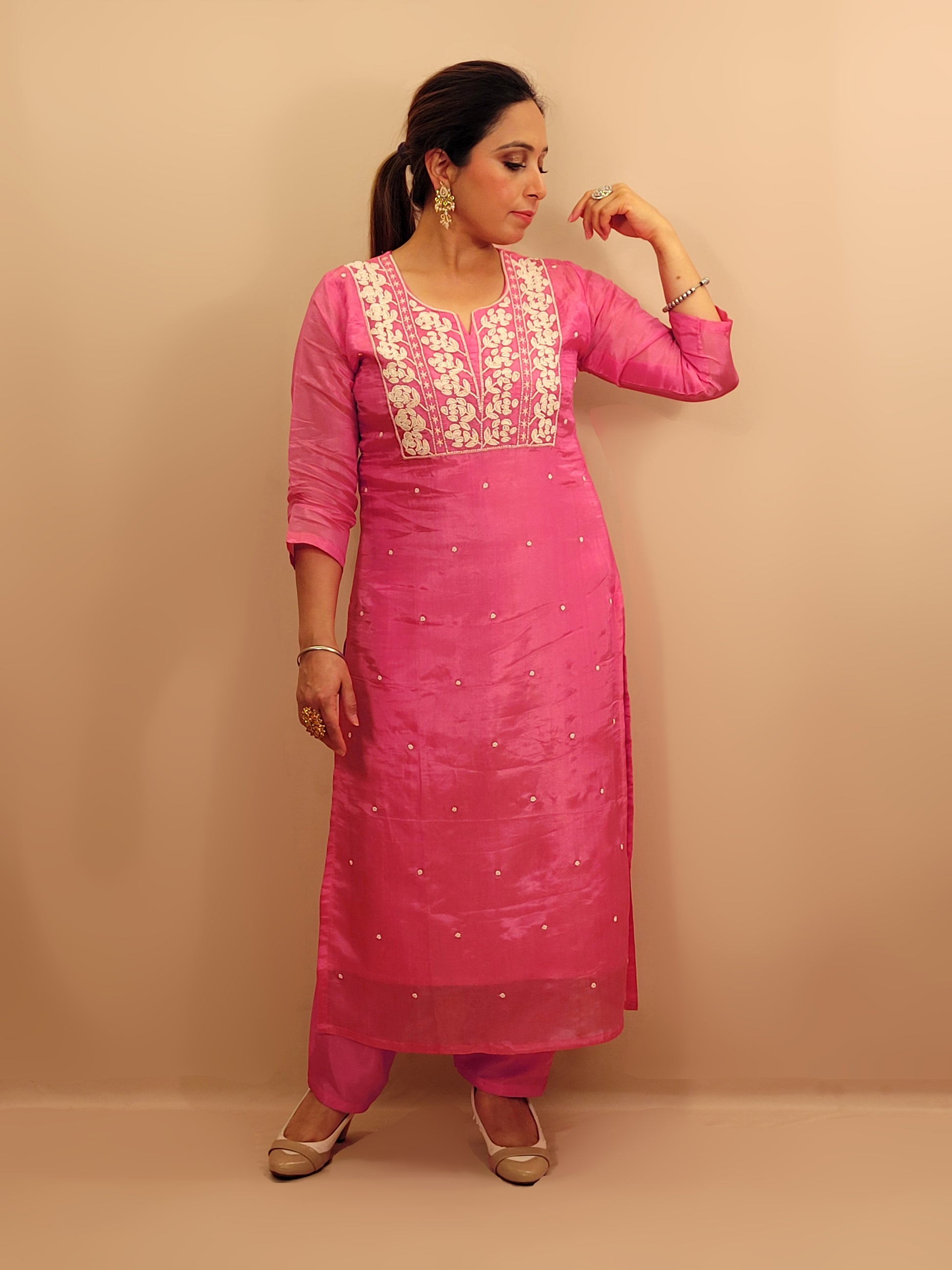 Pink Tissue Straight Suit with Pant and Dupatta. Resham and Beads Work.