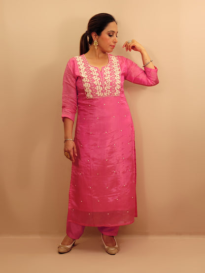 Pink Tissue Straight Suit with Pant and Dupatta. Resham and Beads Work.