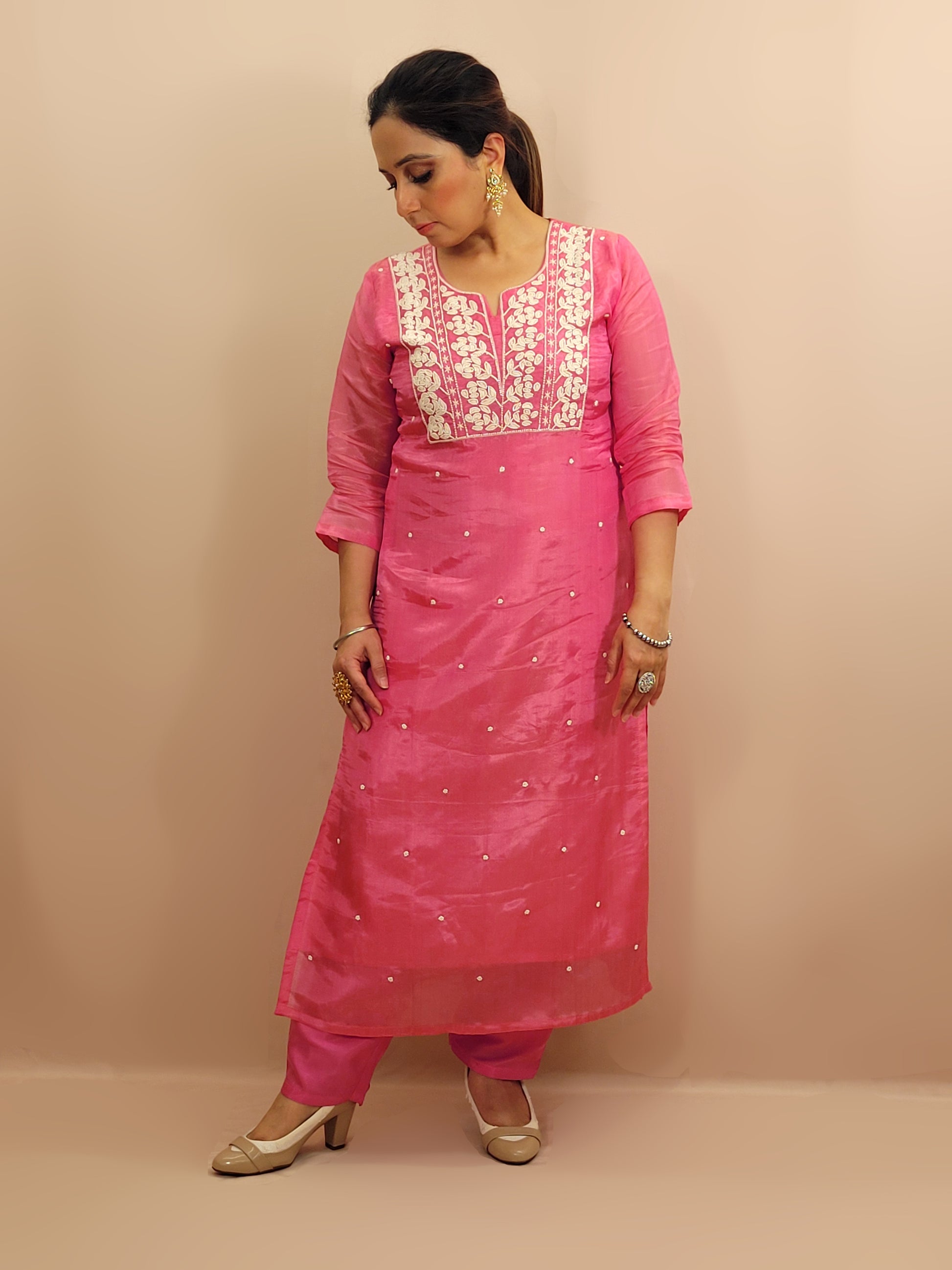 Pink Tissue Straight Suit with Pant and Dupatta. Resham and Beads Work.