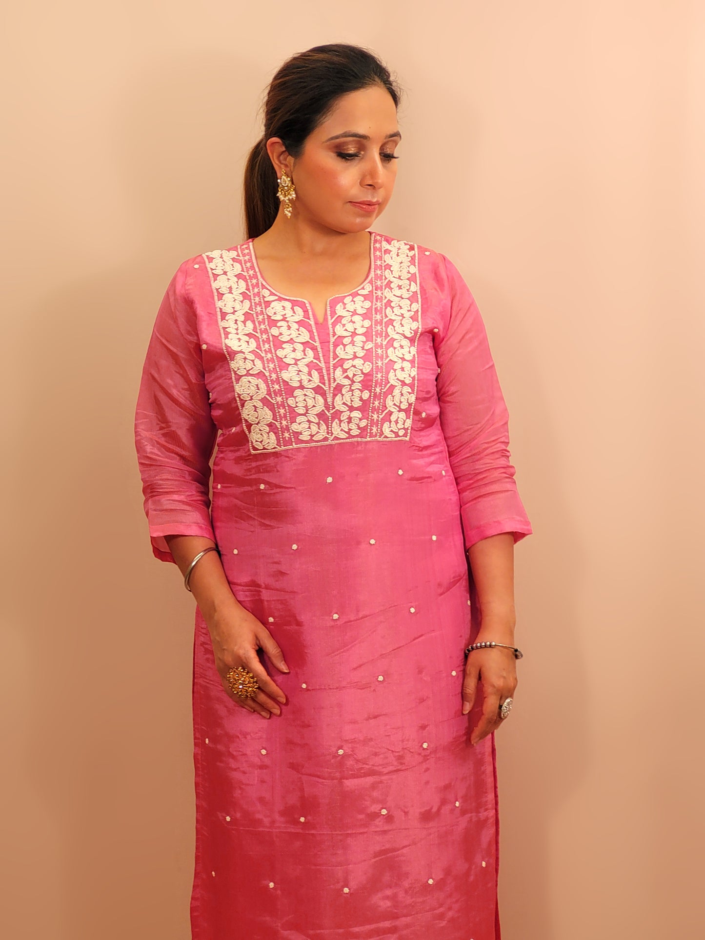 Pink Tissue Straight Suit with Pant and Dupatta. Resham and Beads Work.