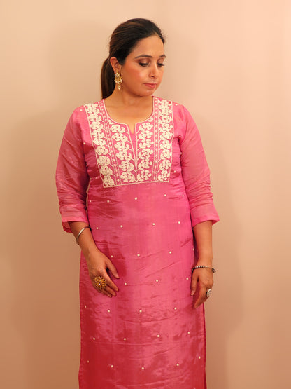 Pink Tissue Straight Suit with Pant and Dupatta. Resham and Beads Work.
