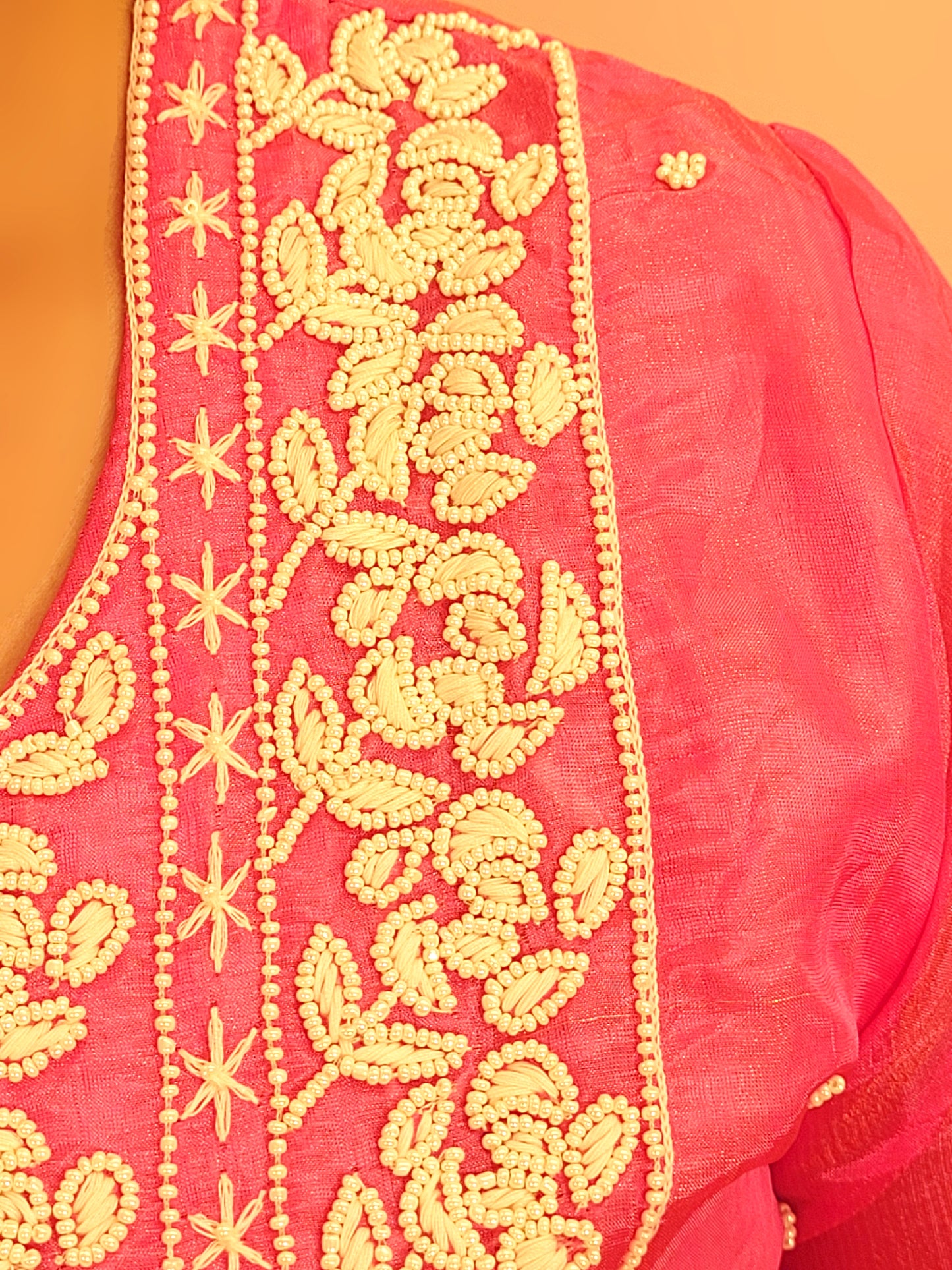 Pink Tissue Straight Suit with Pant and Dupatta. Resham and Beads Work.