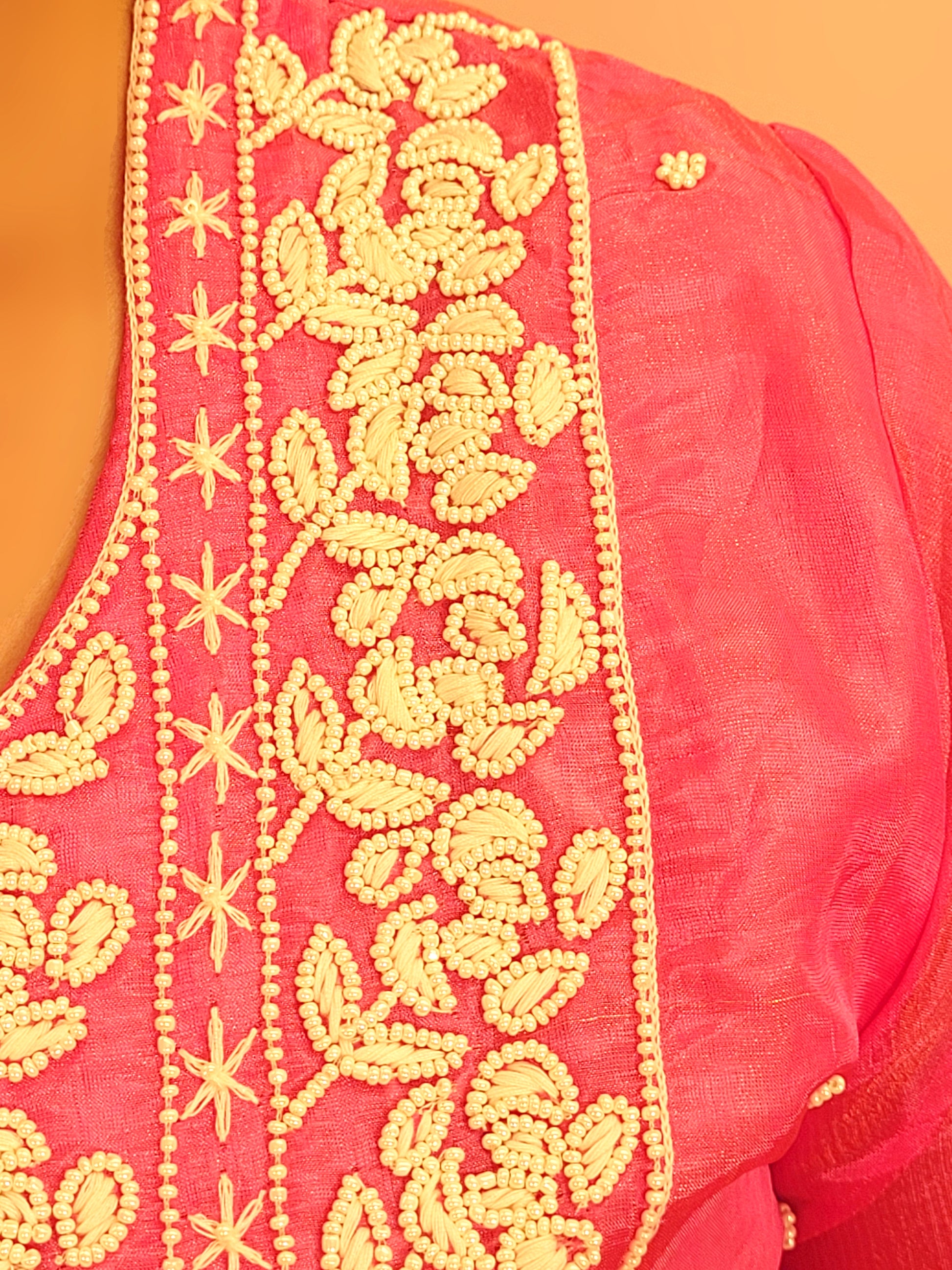 Pink Tissue Straight Suit with Pant and Dupatta. Resham and Beads Work.