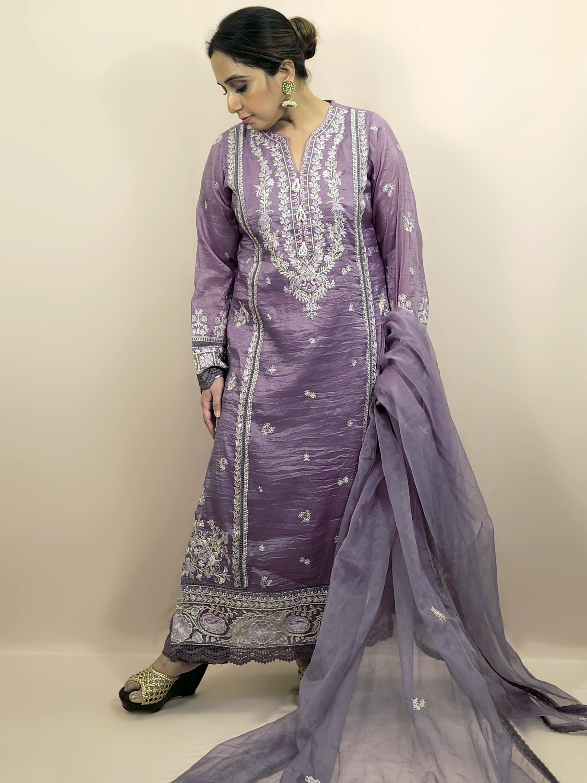 Purple Tissue Kurti Pant Dupatta Set. Beautiful thread embroidery on kurti and sleeves. Crushed Organza Dupatta.