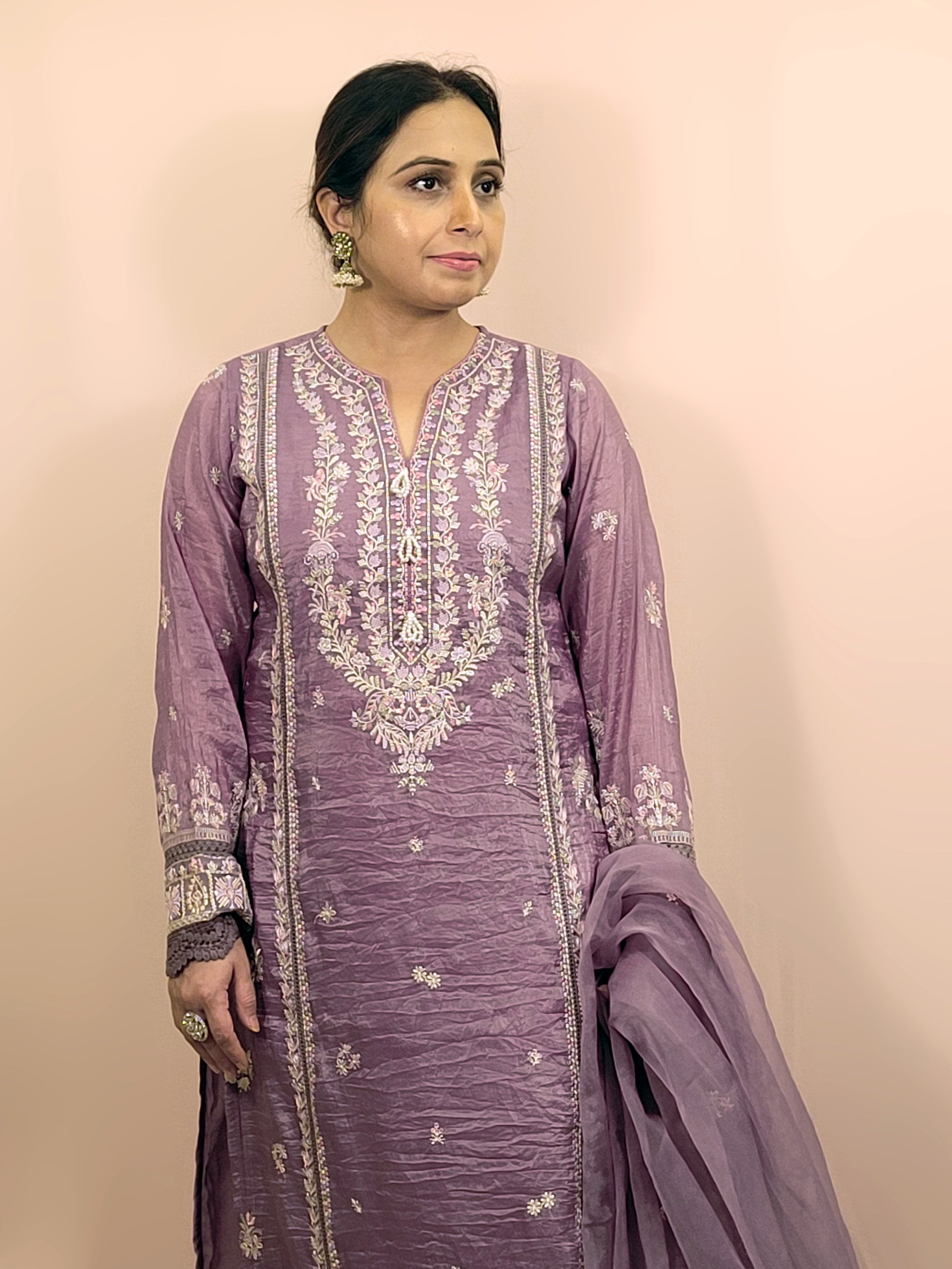 Purple Tissue Kurti Pant Dupatta Set. Beautiful thread embroidery on kurti and sleeves. Crushed Organza Dupatta.