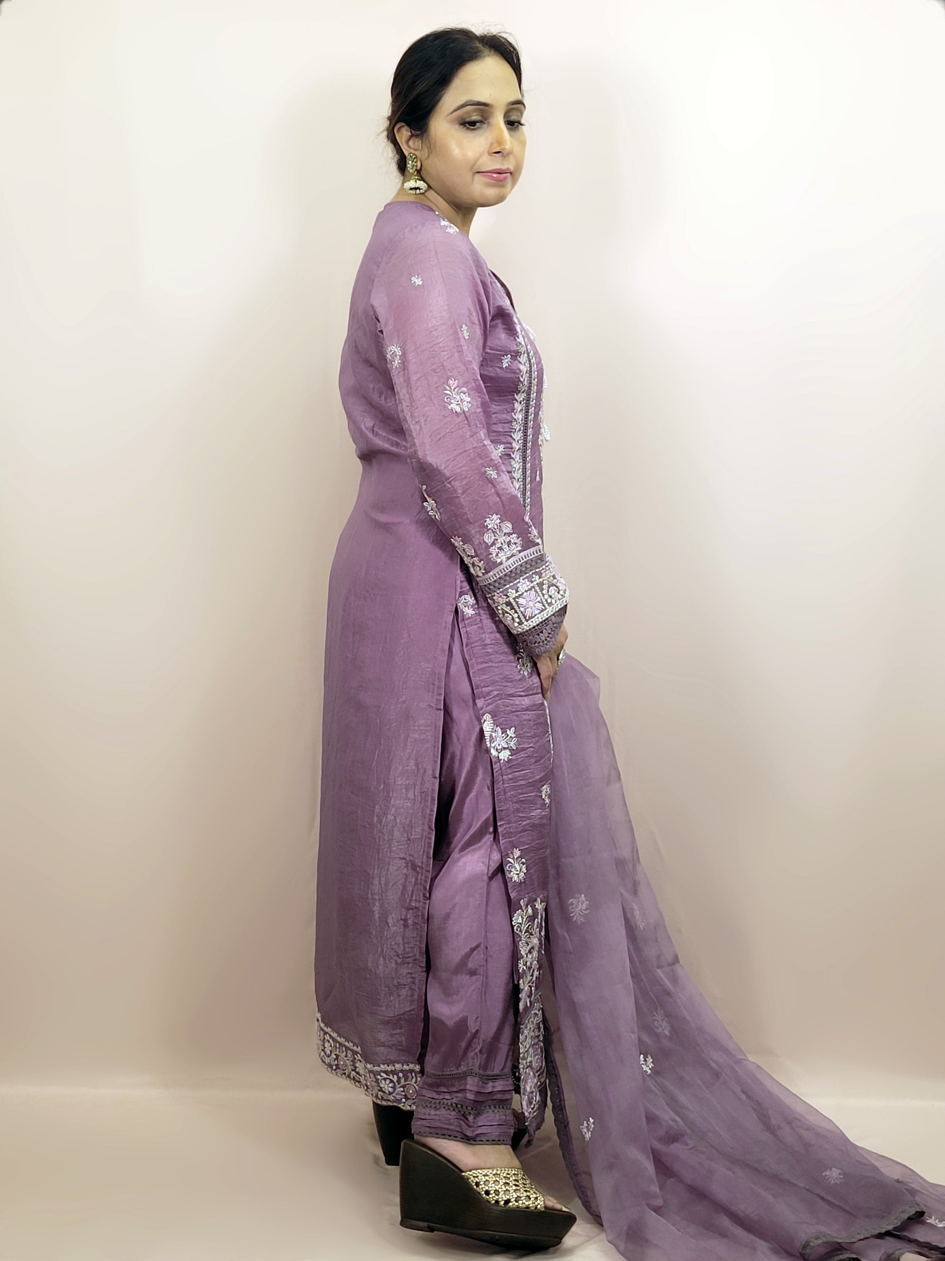 Purple Tissue Kurti Pant Dupatta Set. Beautiful thread embroidery on kurti and sleeves. Crushed Organza Dupatta.