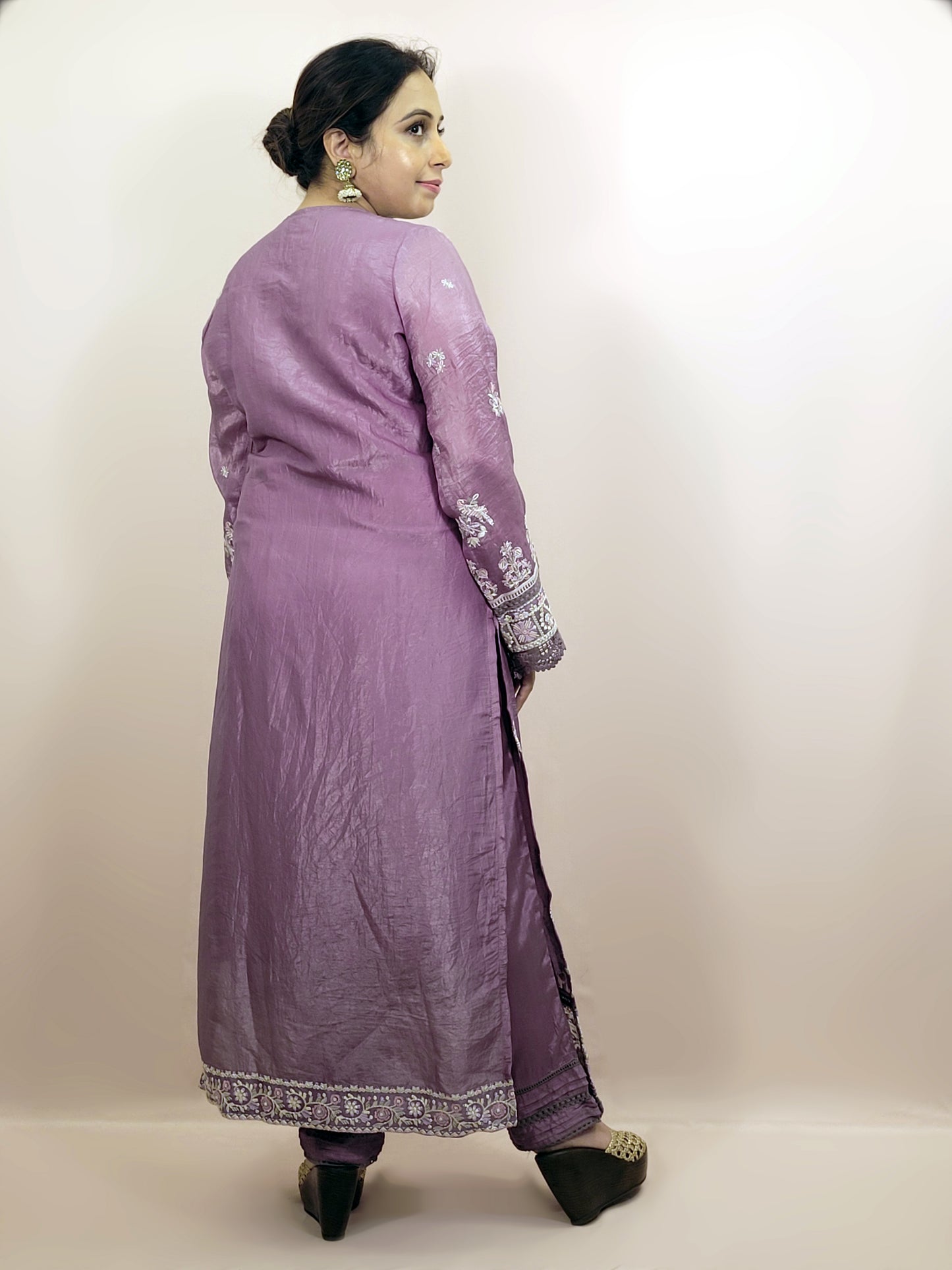 Purple Tissue Kurti Pant Dupatta Set. Beautiful thread embroidery on kurti and sleeves. Crushed Organza Dupatta.