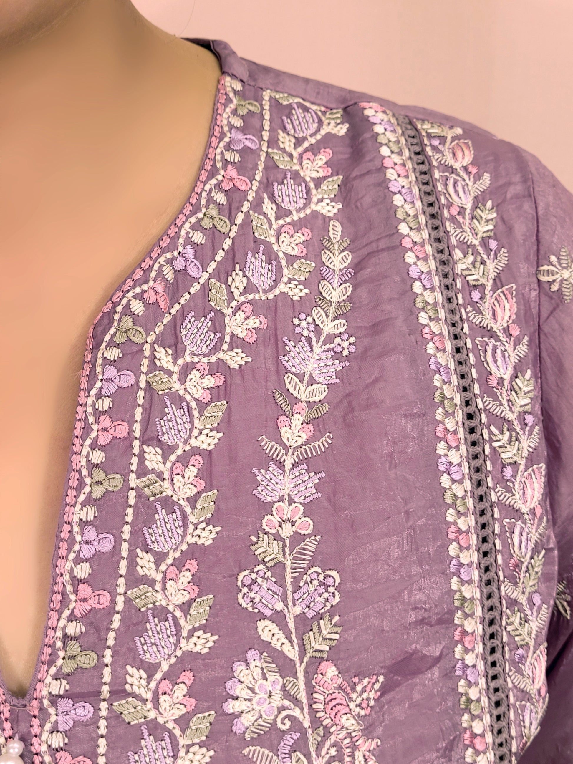 Purple Tissue Kurti Pant Dupatta Set. Beautiful thread embroidery on kurti and sleeves. Crushed Organza Dupatta.