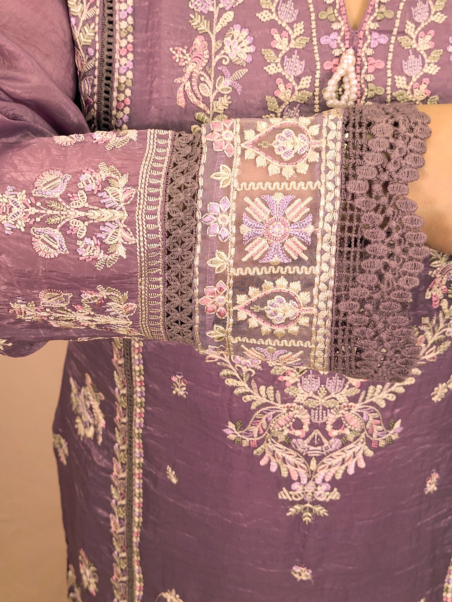 Purple Tissue Kurti Pant Dupatta Set. Beautiful thread embroidery on kurti and sleeves. Crushed Organza Dupatta.