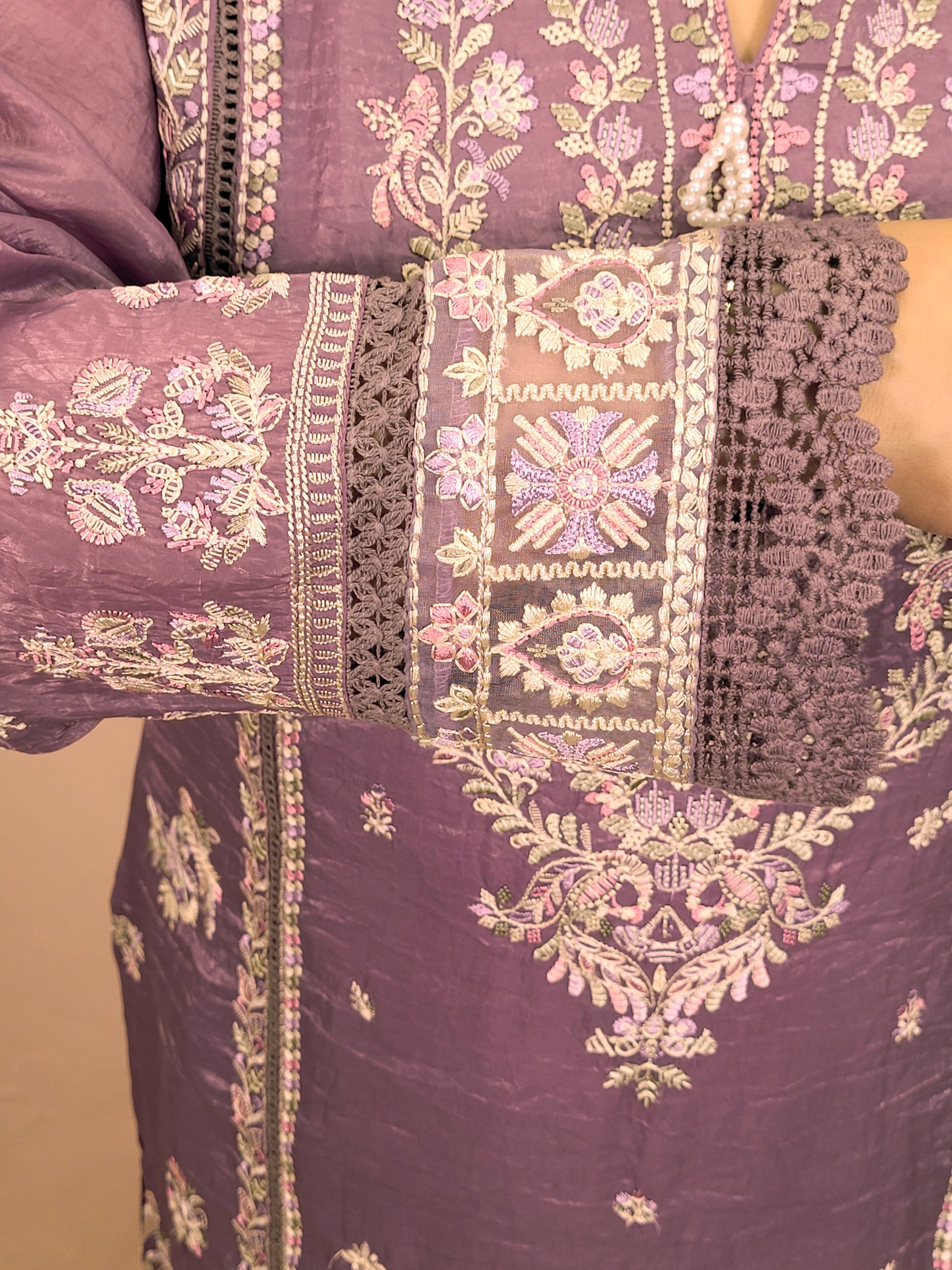 Purple Tissue Kurti Pant Dupatta Set. Beautiful thread embroidery on kurti and sleeves. Crushed Organza Dupatta.