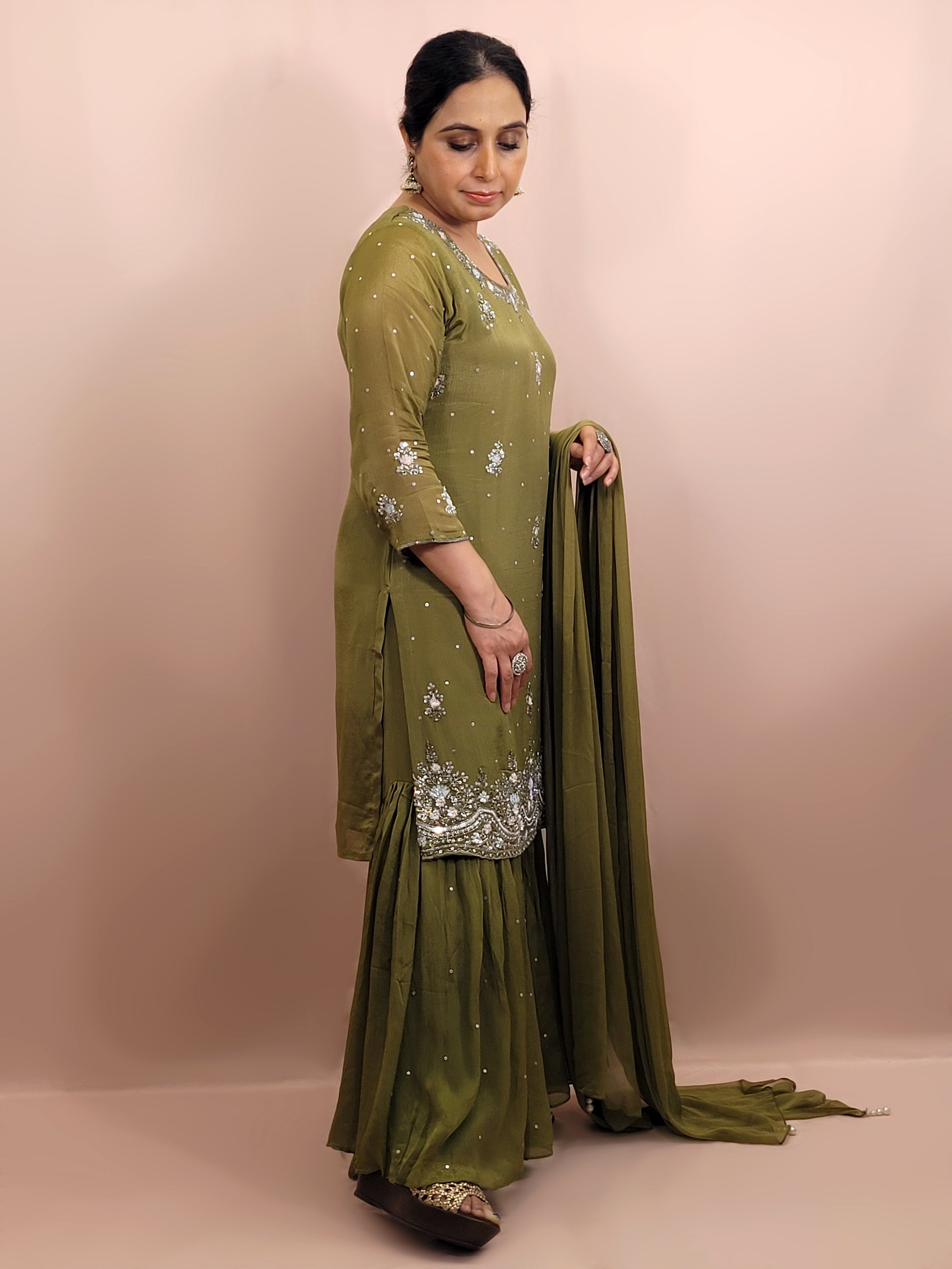 Mehendi Green Handwork Sharara Suit. Sequins and Beads Work. Heavy Daaman embroidery.