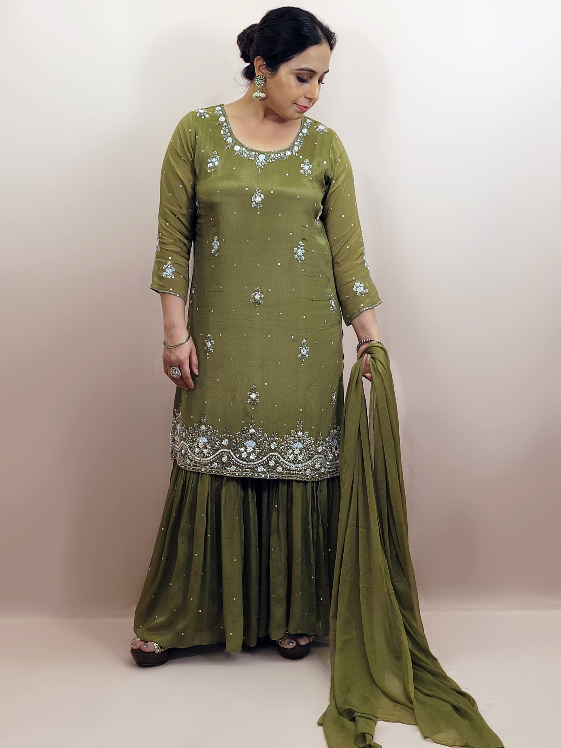 Mehendi Green Handwork Sharara Suit. Sequins and Beads Work. Heavy Daaman embroidery.