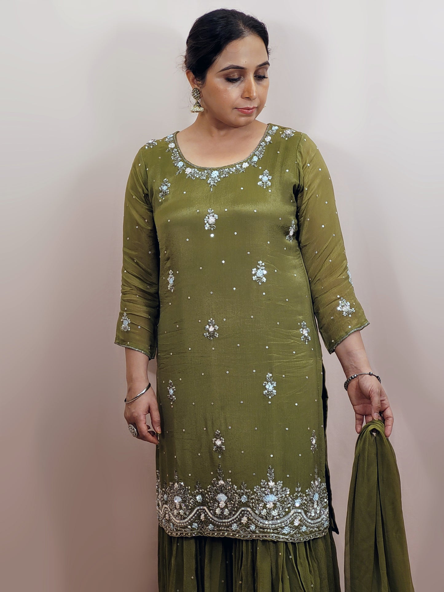 Mehendi Green Handwork Sharara Suit. Sequins and Beads Work. Heavy Daaman embroidery.