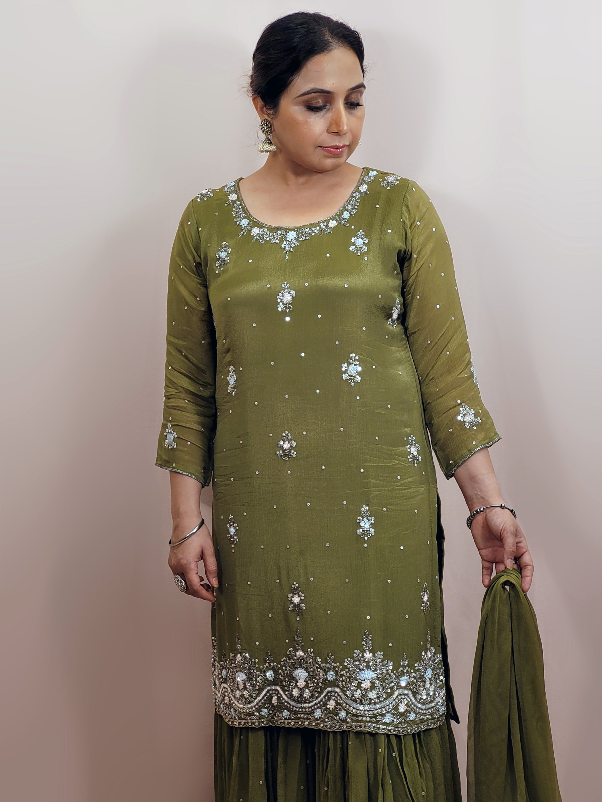 Mehendi Green Handwork Sharara Suit. Sequins and Beads Work. Heavy Daaman embroidery.