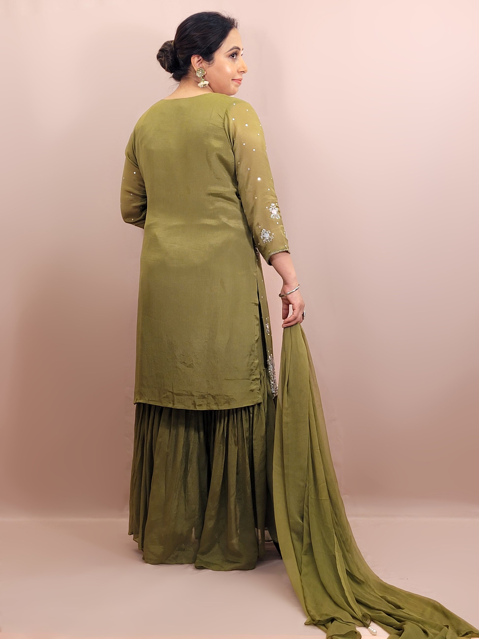 Mehendi Green Handwork Sharara Suit. Sequins and Beads Work. Heavy Daaman embroidery.