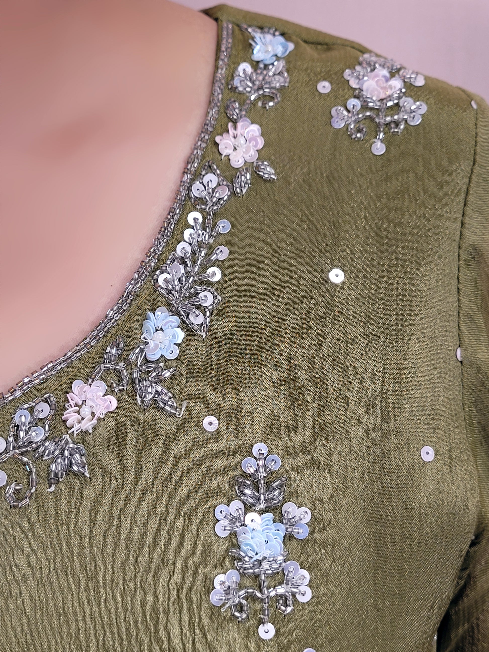 Mehendi Green Handwork Sharara Suit. Sequins and Beads Work. Heavy Daaman embroidery.