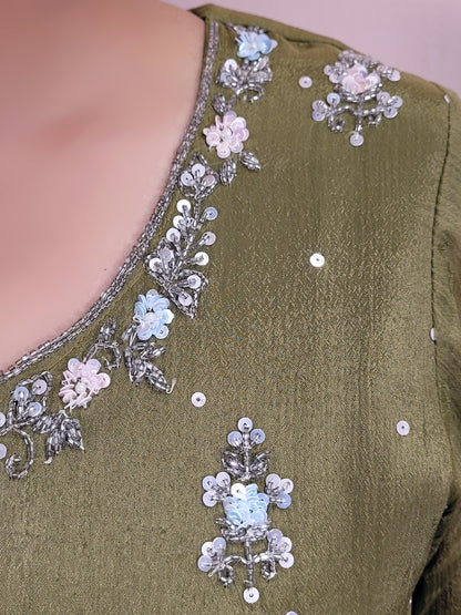 Mehendi Green Handwork Sharara Suit. Sequins and Beads Work. Heavy Daaman embroidery.