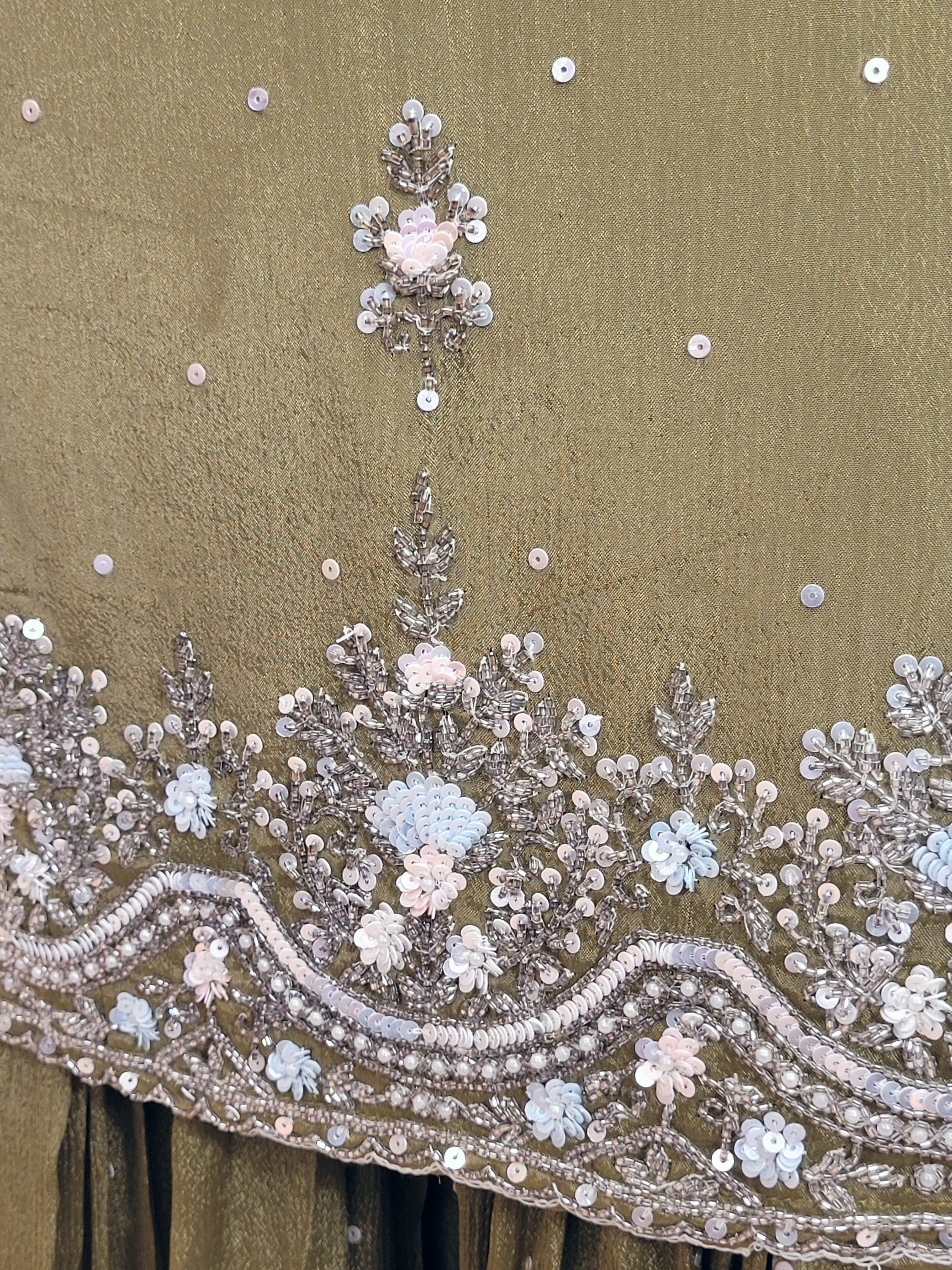 Mehendi Green Handwork Sharara Suit. Sequins and Beads Work. Heavy Daaman embroidery.