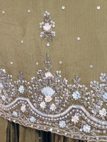 Mehendi Green Handwork Sharara Suit. Sequins and Beads Work. Heavy Daaman embroidery.