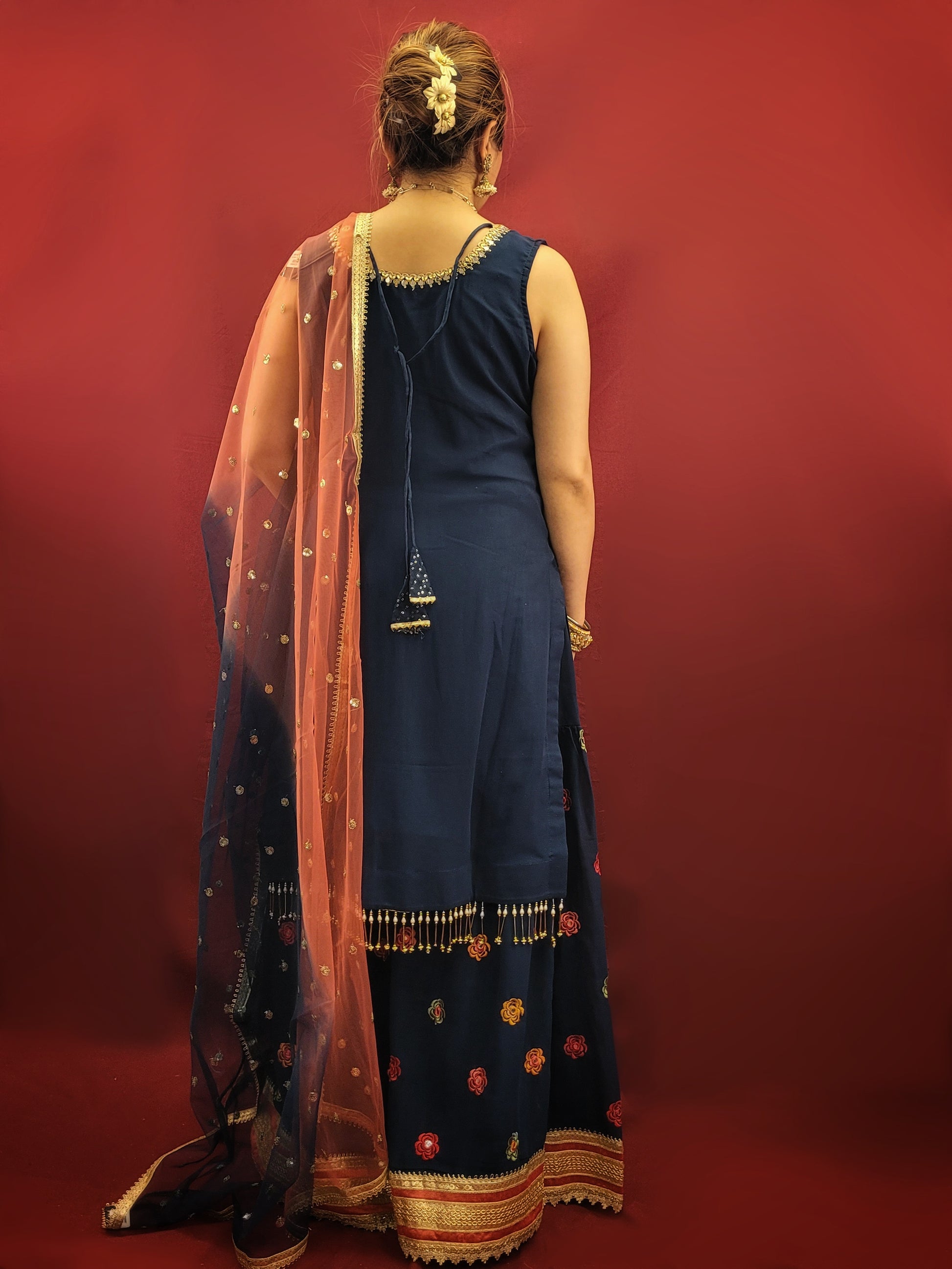 Radiate sophistication with a Prussian blue gharara kameez, featuring elegant thread and sequins embroidery on georgette fabric, an ethnic dress that's a showstopper for party and festive wear.
