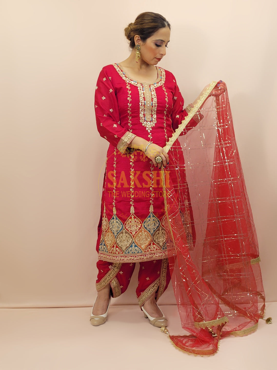Red Embroidered Salwar Kameez Set (Tulip Pants)