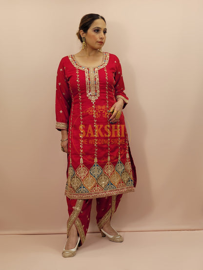 Red Embroidered Salwar Kameez Set (Tulip Pants)