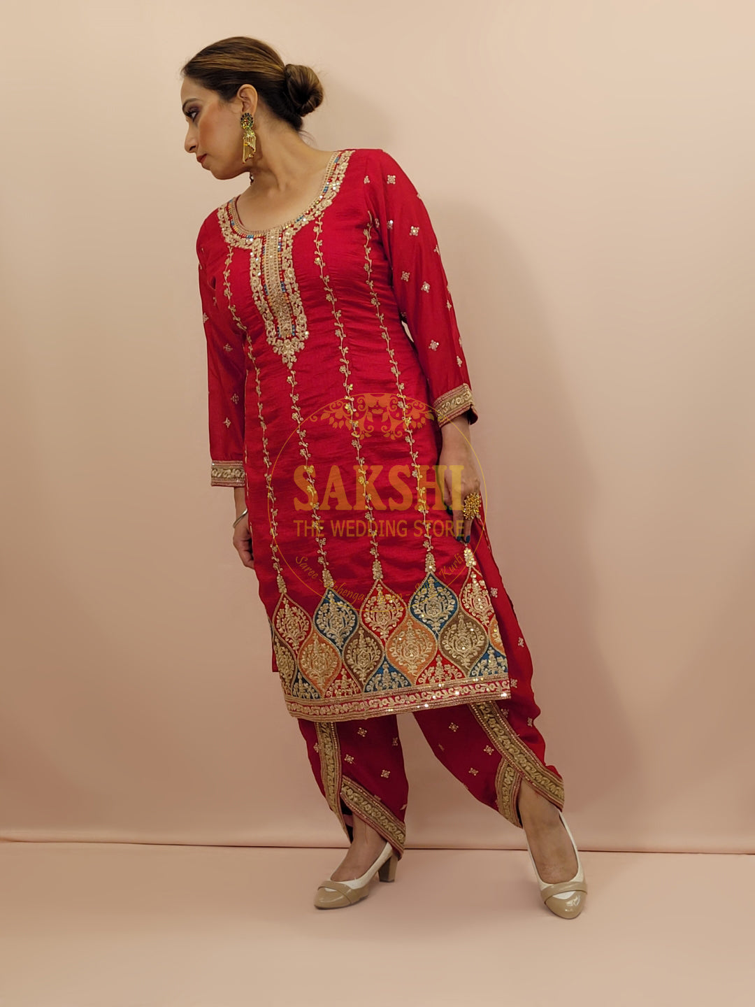 Red Embroidered Salwar Kameez Set (Tulip Pants)