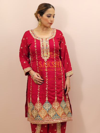Red Embroidered Salwar Kameez Set (Tulip Pants)