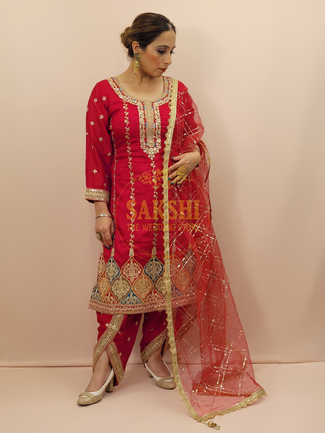 Red Embroidered Salwar Kameez Set (Tulip Pants)
