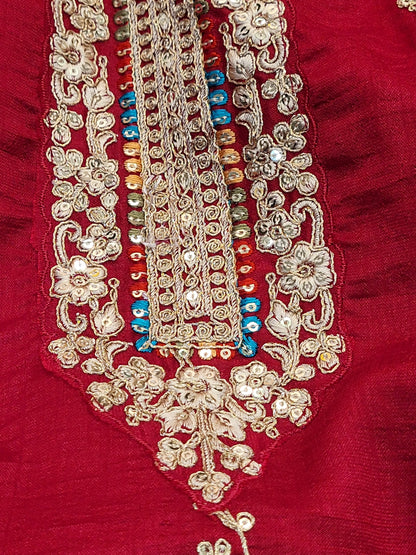 Red Embroidered Salwar Kameez Set, a perfect blend of tradition and modernity. This exquisite ensemble features a radiant Red kameez adorned with intricate embroidery and sparkling dori-sequins work around the neckline and hemline. The vibrant patterns in multiple colors add a touch of festivity and charm, making it ideal for any special occasion.