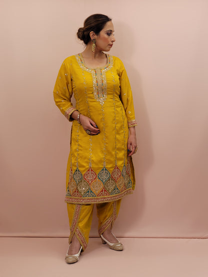 The long-sleeved kameez is paired with a simple yet sophisticated salwar, providing a balanced look that complements the ornate top. Completing the outfit is a matching yellow dupatta, embellished with similar embroidery and beadwork along its borders, adding a graceful touch to your attire.