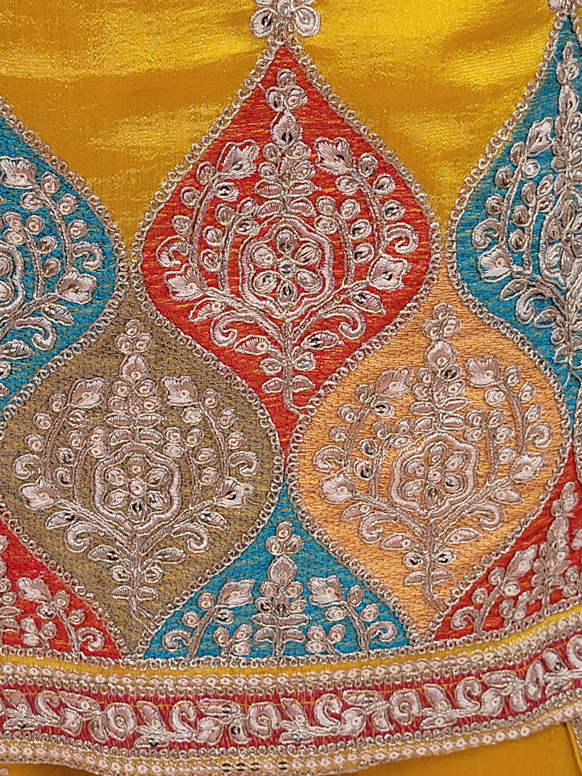 The long-sleeved kameez is paired with a simple yet sophisticated salwar, providing a balanced look that complements the ornate top. Completing the outfit is a matching yellow dupatta, embellished with similar embroidery and beadwork along its borders, adding a graceful touch to your attire.