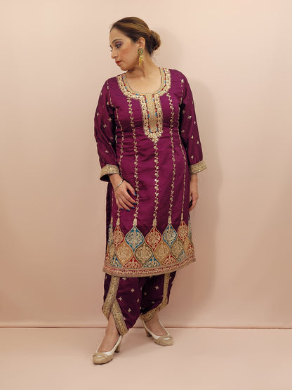 Step into elegance with our stunning Purple Embroidered Salwar Kameez Set, a perfect blend of tradition and modernity. This exquisite ensemble features a radiant Purple kameez adorned with intricate embroidery and sparkling dori-sequins work around the neckline and hemline. The vibrant patterns in multiple colors add a touch of festivity and charm, making it ideal for any special occasion.