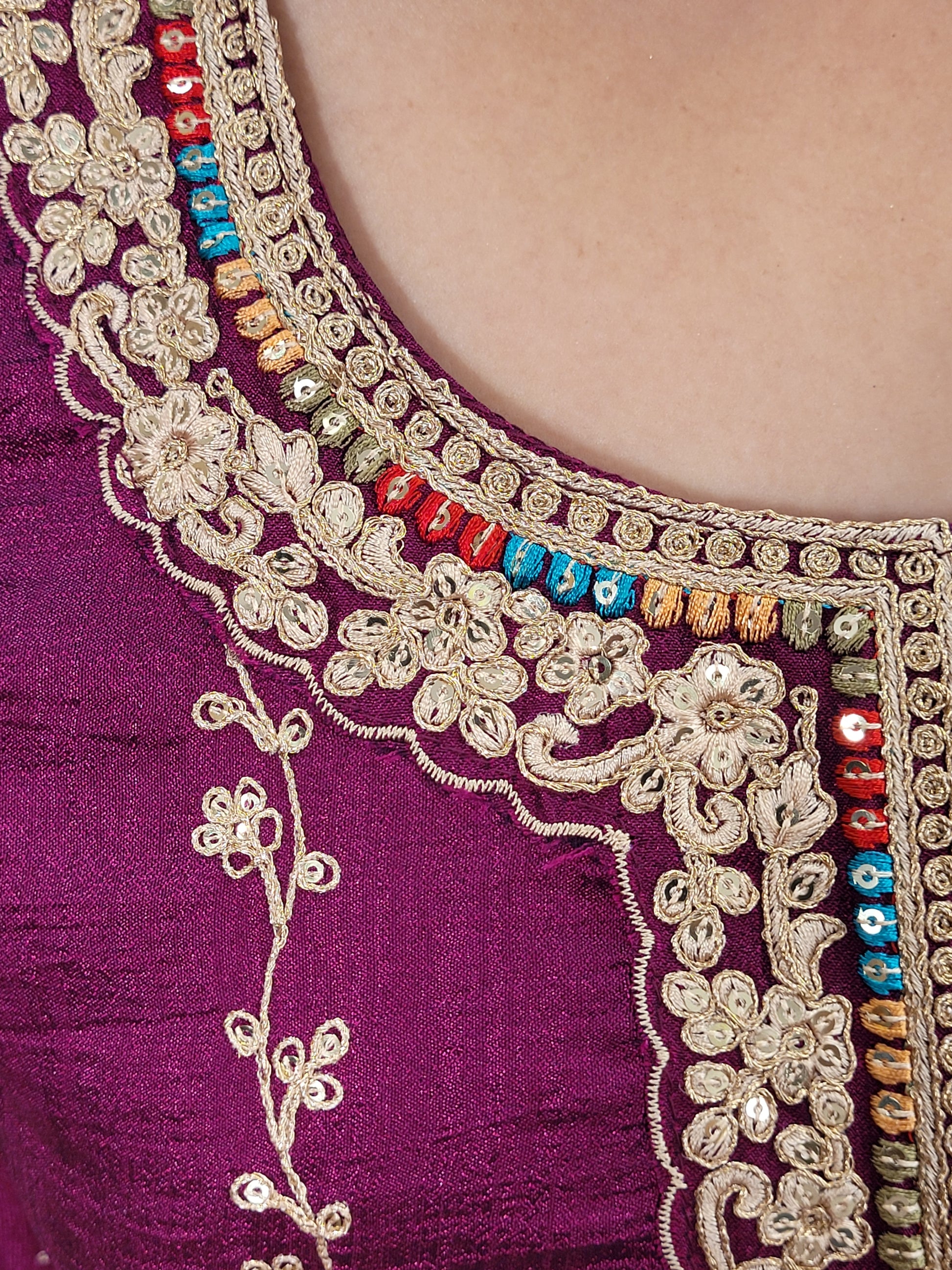 Step into elegance with our stunning Purple Embroidered Salwar Kameez Set, a perfect blend of tradition and modernity. This exquisite ensemble features a radiant Purple kameez adorned with intricate embroidery and sparkling dori-sequins work around the neckline and hemline. The vibrant patterns in multiple colors add a touch of festivity and charm, making it ideal for any special occasion.