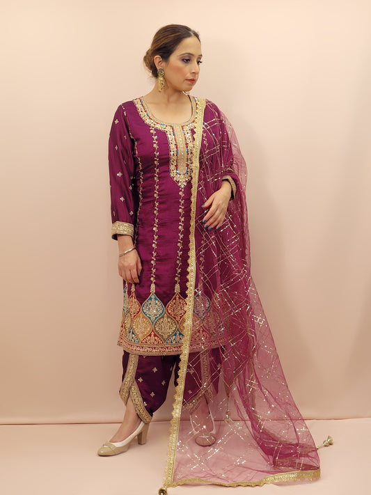 Step into elegance with our stunning Purple Embroidered Salwar Kameez Set, a perfect blend of tradition and modernity. This exquisite ensemble features a radiant Purple kameez adorned with intricate embroidery and sparkling dori-sequins work around the neckline and hemline. The vibrant patterns in multiple colors add a touch of festivity and charm, making it ideal for any special occasion.