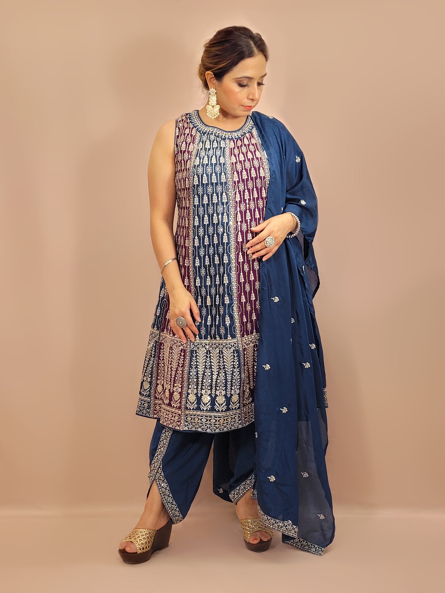 Navy Blue and Wine Pakistani Anarkali with Tulip Pants. Zari Work on Kameez, Bottom and Dupatta.