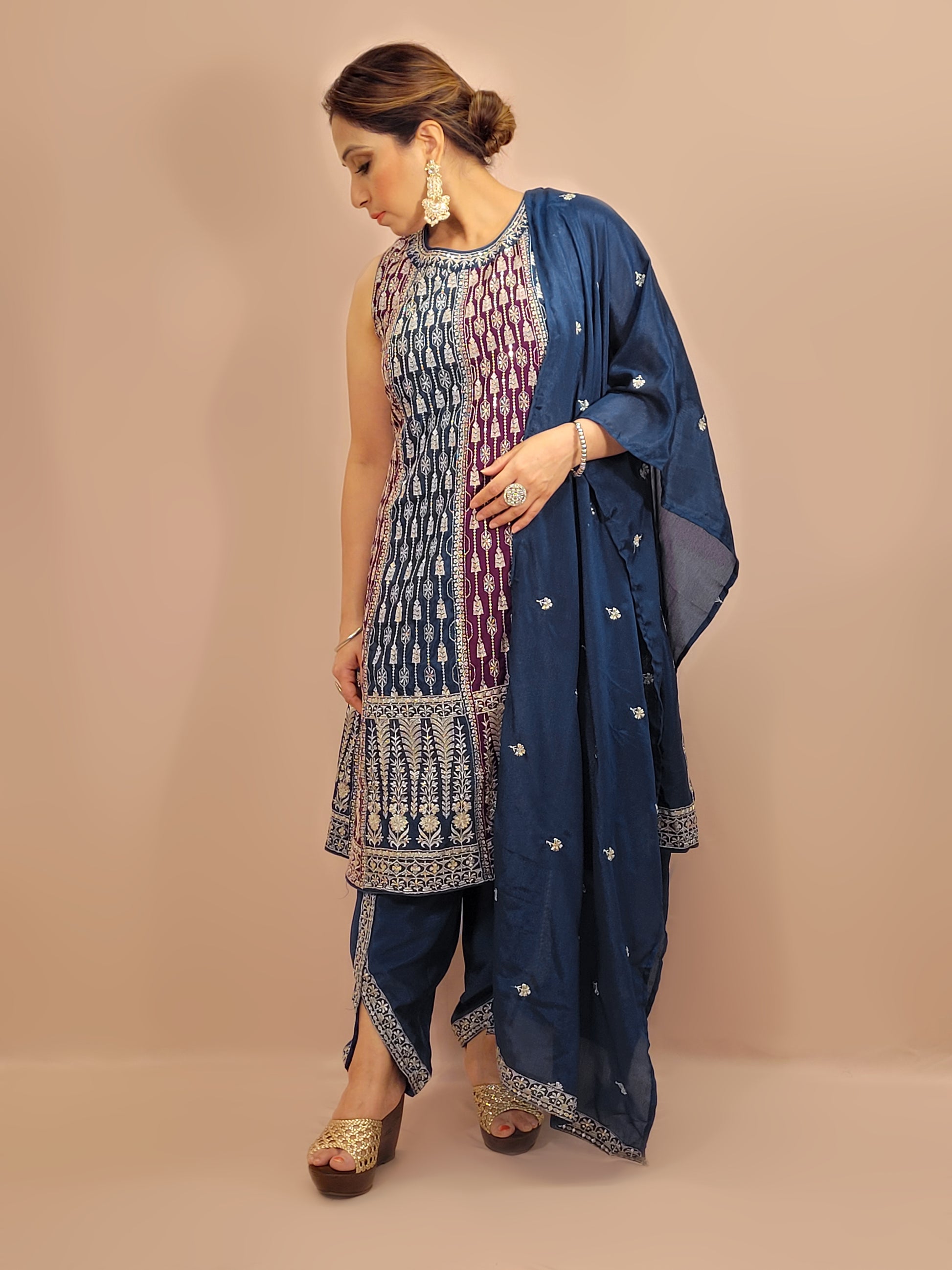 Navy Blue and Wine Pakistani Anarkali with Tulip Pants. Zari Work on Kameez, Bottom and Dupatta.