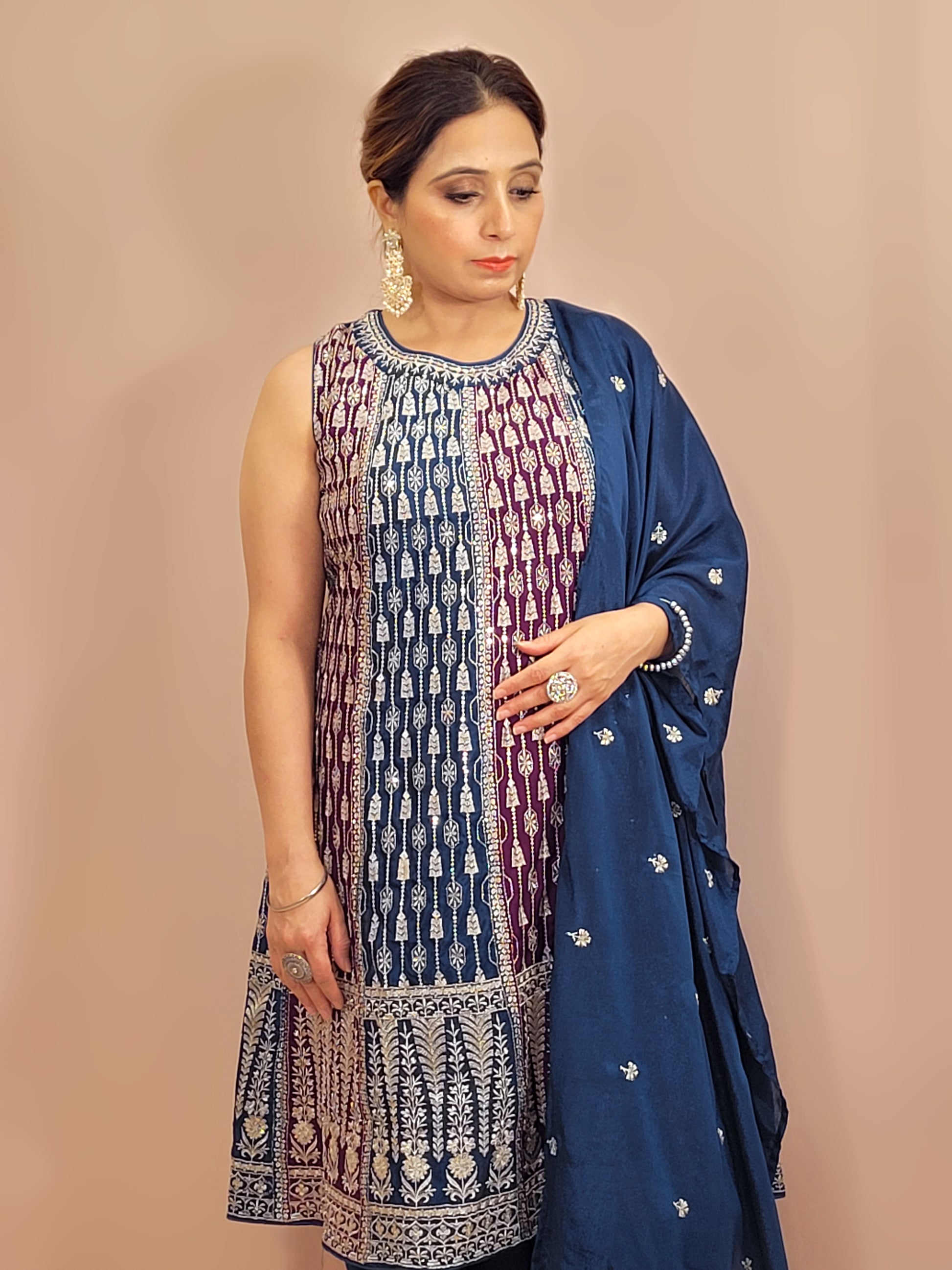 Navy Blue and Wine Pakistani Anarkali with Tulip Pants. Zari Work on Kameez, Bottom and Dupatta.